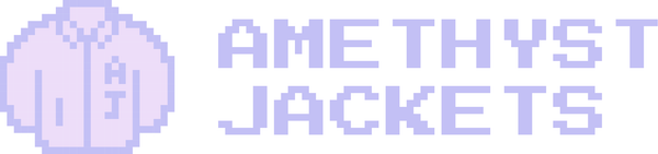 Amethyst Jackets logo. Logo shows a line jacket with "AJ" letters and the words "Amethyst Jackets" in a pixel font. Colors and pastel purple and pink.