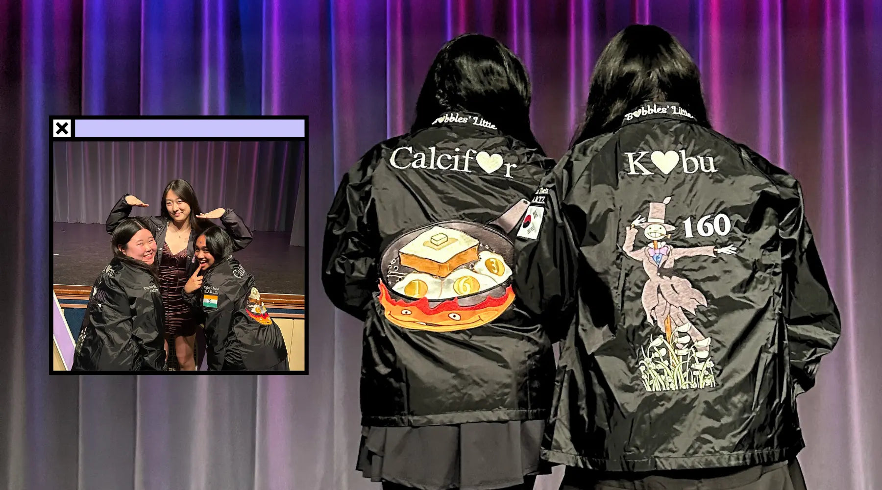 Two sisters showing the back of their custom line jackets. The right jacket shows a cabbage man. The left jacket shows a skillet with toast and eggs. To the left is another picture with their big sister.
