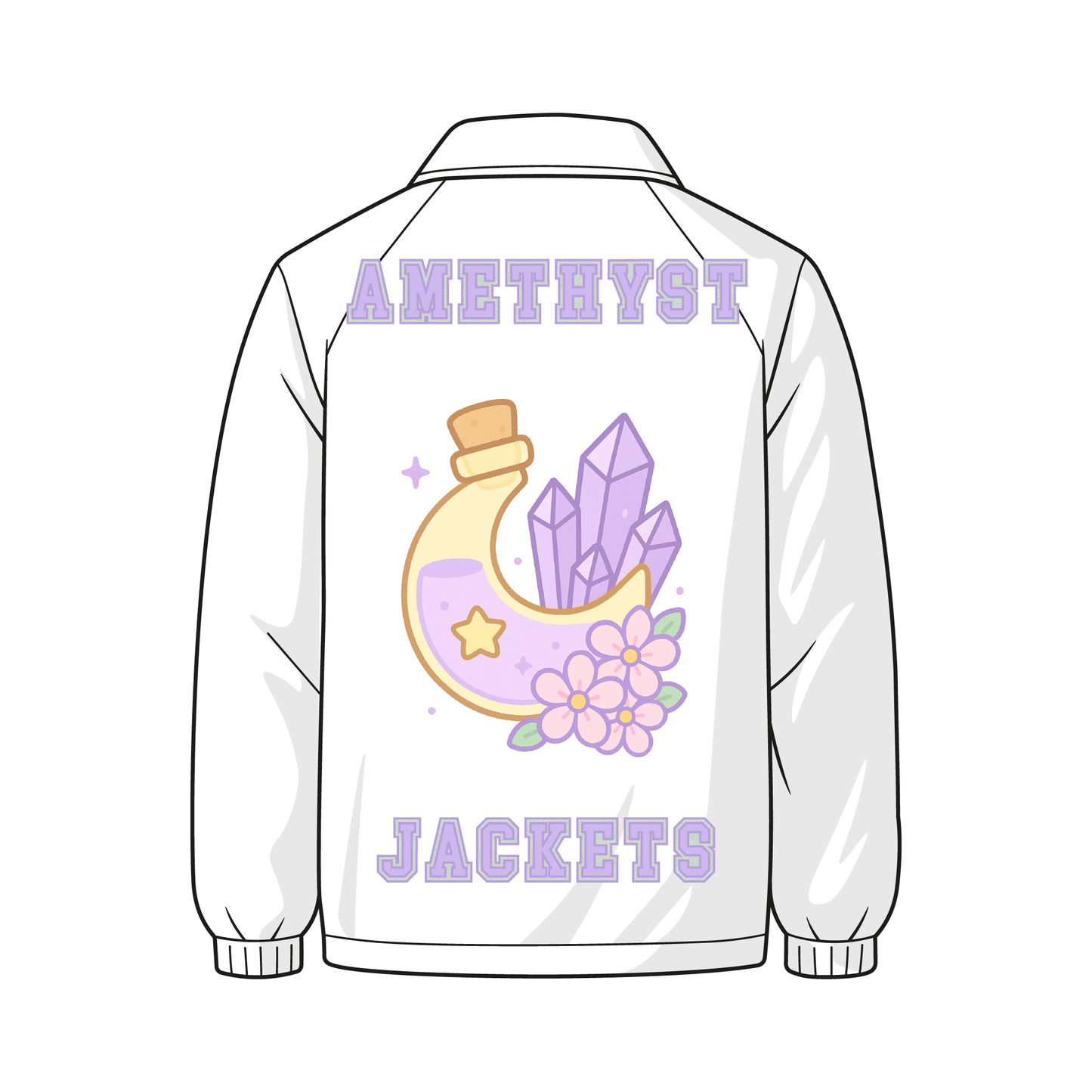Back view of a custom Greek line jacket. The jacket has applique letters "Amethyst" on the upper back and "Jackets" on the lower back. There is a pastel moon, amethyst crystal, and cherry blossom design in the center.