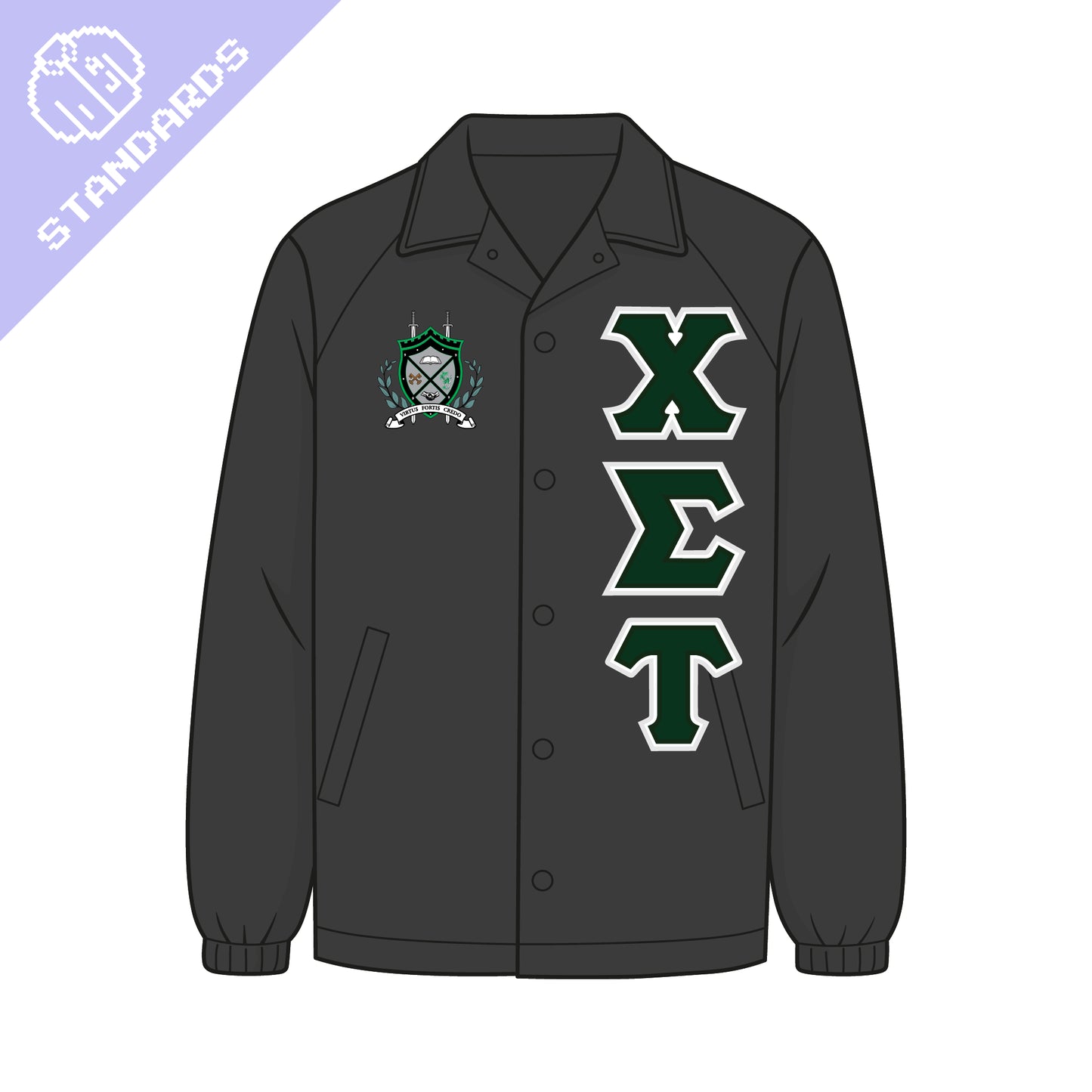 Standard Chi Sigma Tau line jacket. Jacket is a black coach jacket. The CST crest is on the right chest. White and green CST fabric applique letters are on the left chest. The upper left corner has a purple badge showing this is the fraternity's standard line jacket.