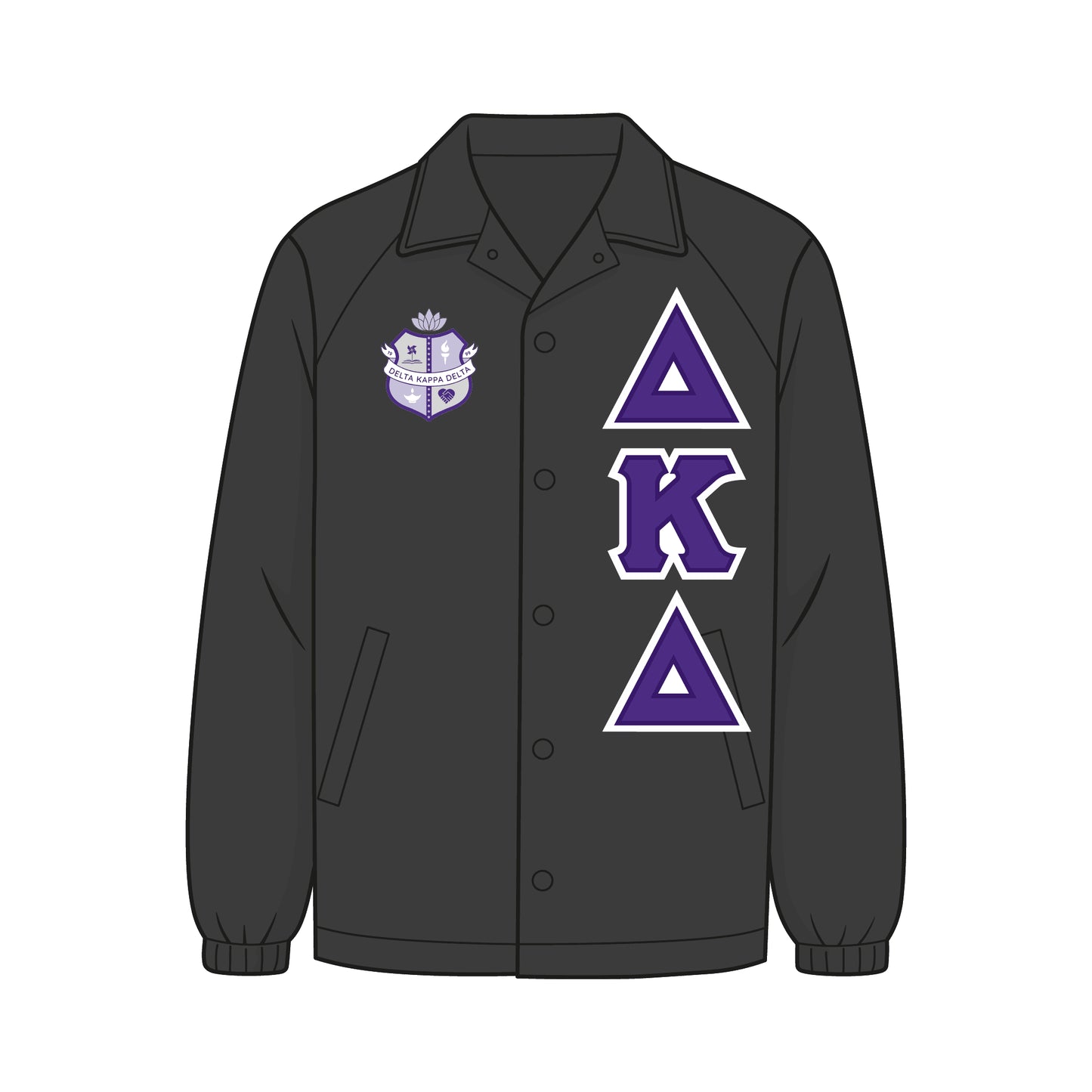 Custom Delta Kappa Delta line jacket. Jacket is a black coach jacket. The DKD crest is on the right chest. Purple and white DKD fabric applique letters are on the left chest.