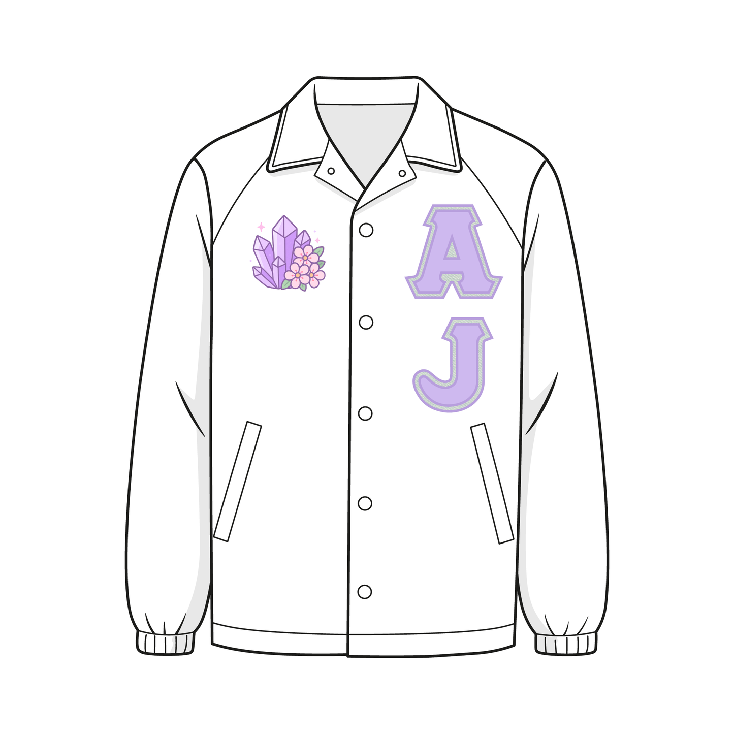 White custom Greek line jacket. The jacket has applique letters "AJ" on the left chest and a custom amethyst design on the right chest.