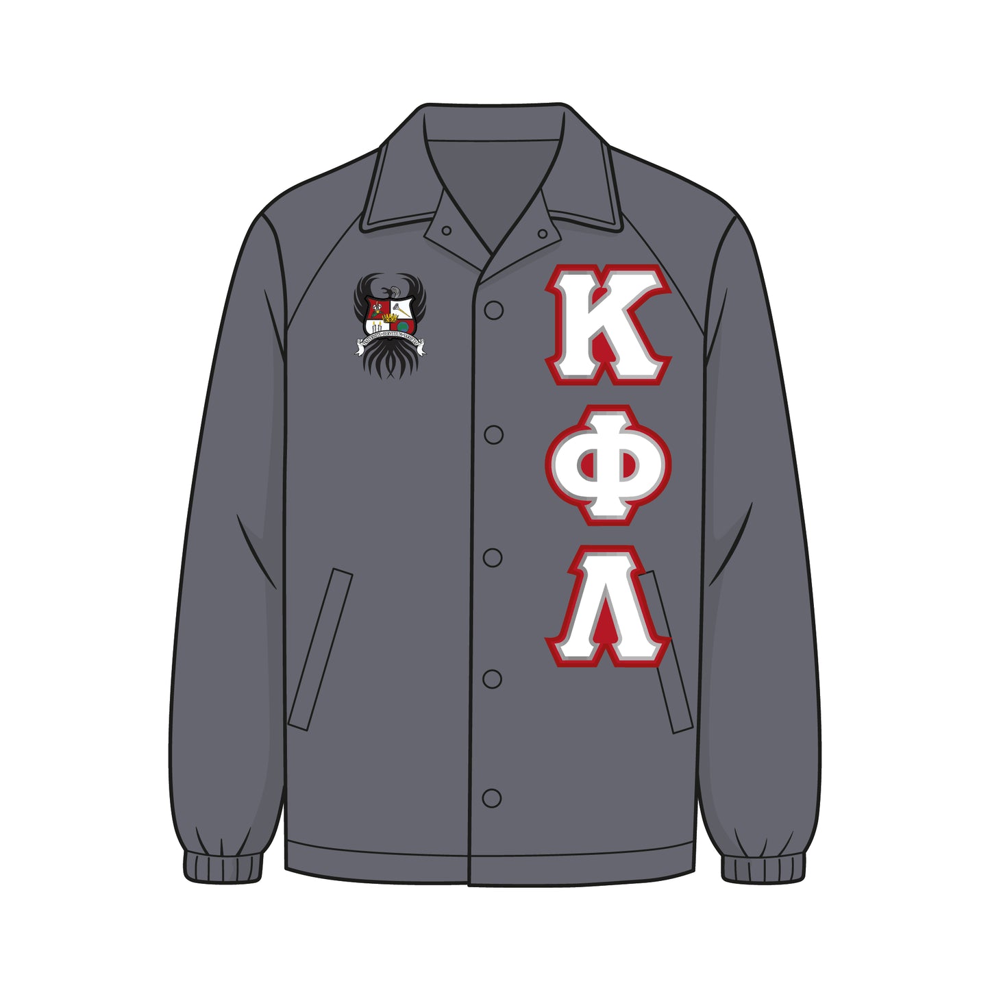 Custom Kappa Phi Lambda line jacket. Jacket is a gray coach jacket. The KPhi crest is on the right chest. Red, white, and gray KPhiL fabric applique letters are on the left chest.