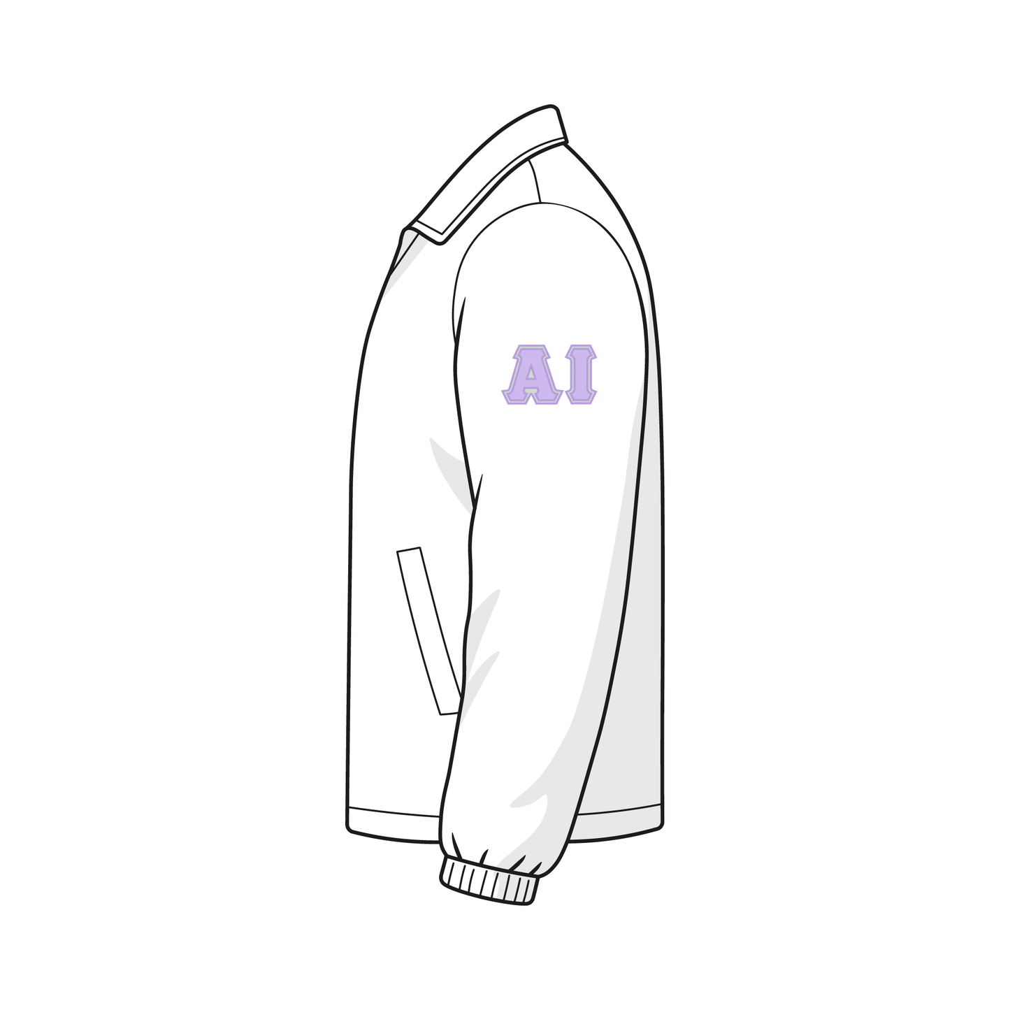 Left sleeve view of a white custom Greek line jacket. The jacket has "AI" double applique letters the upper arm.