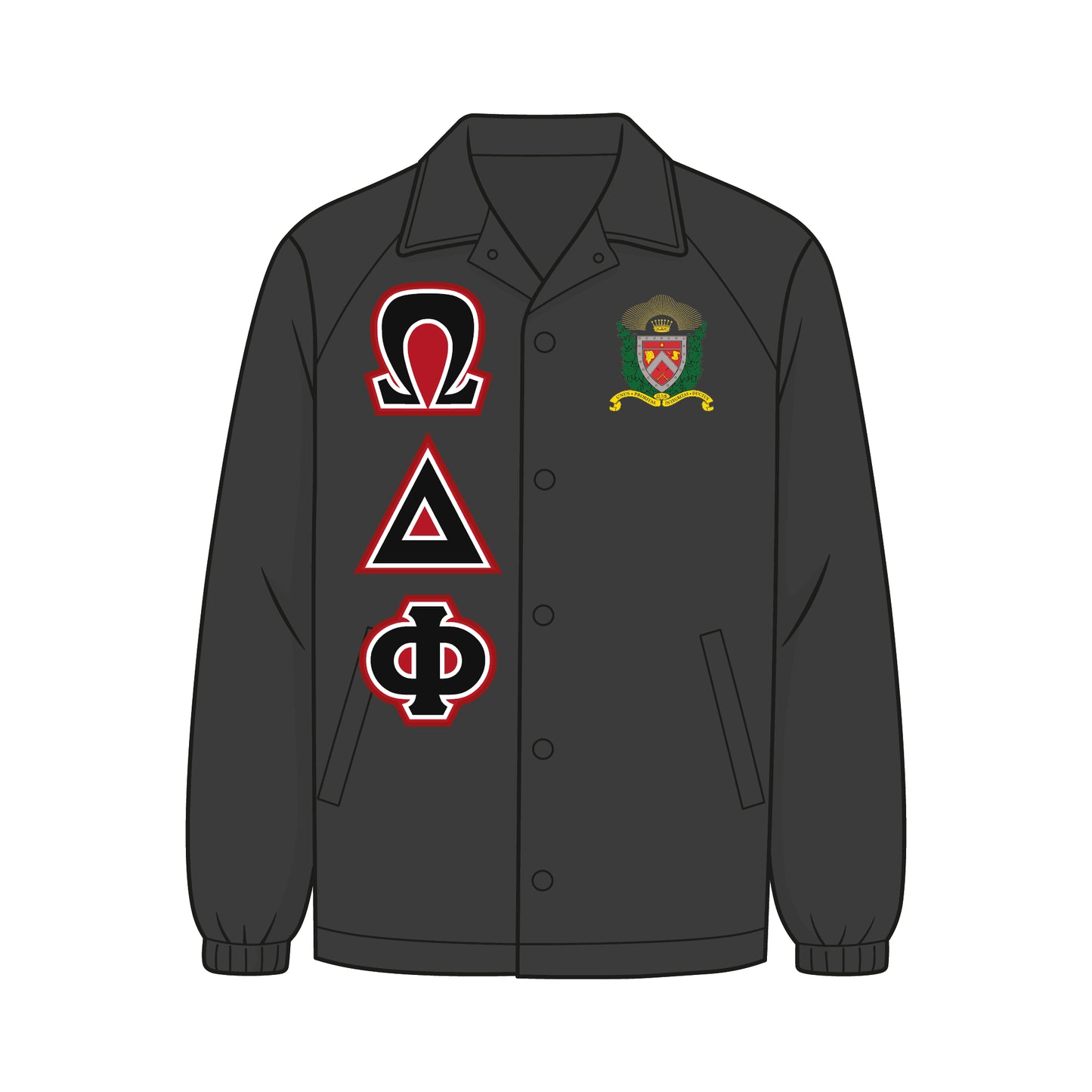 Custom Omega Delta Phi line jacket. Jacket is a black coach jacket. The ODPhi crest is on the left chest. Red, black, and white ODPhi fabric applique letters are on the right chest.
