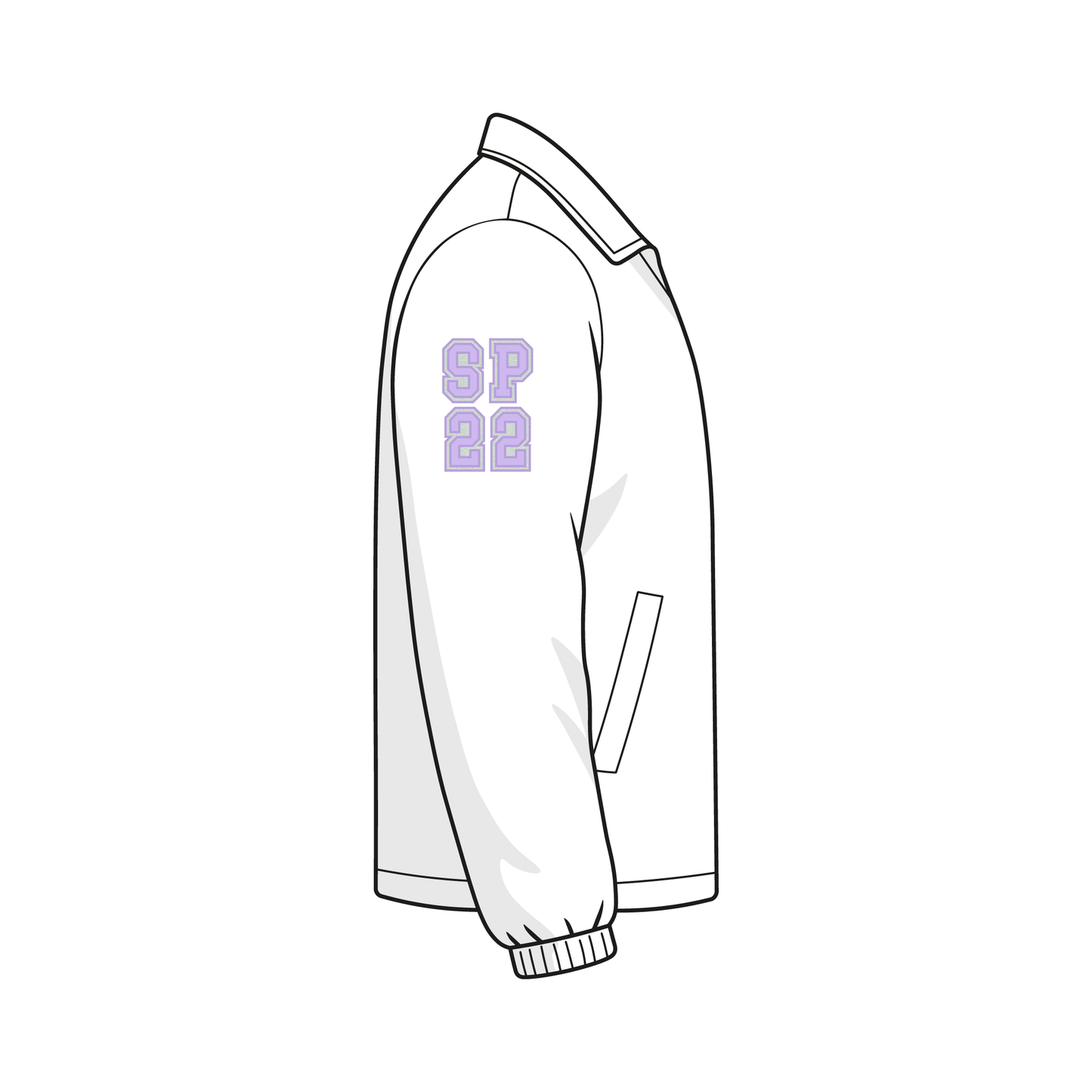 Right sleeve view of a white custom Greek line jacket. The jacket has "SP22" double applique letters the upper arm.