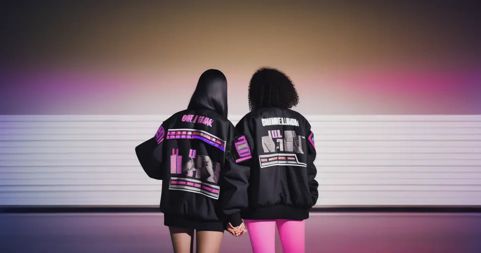 Two sorority sisters wearing their line jackets and holding hands