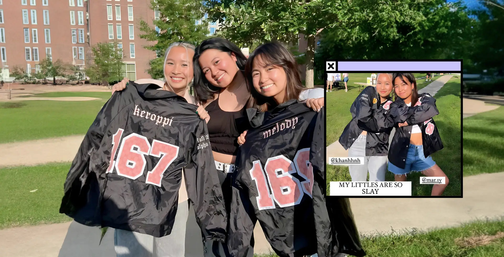 Purdue University alpha Kappa Delta Phi custom line jackets for sorority twins.