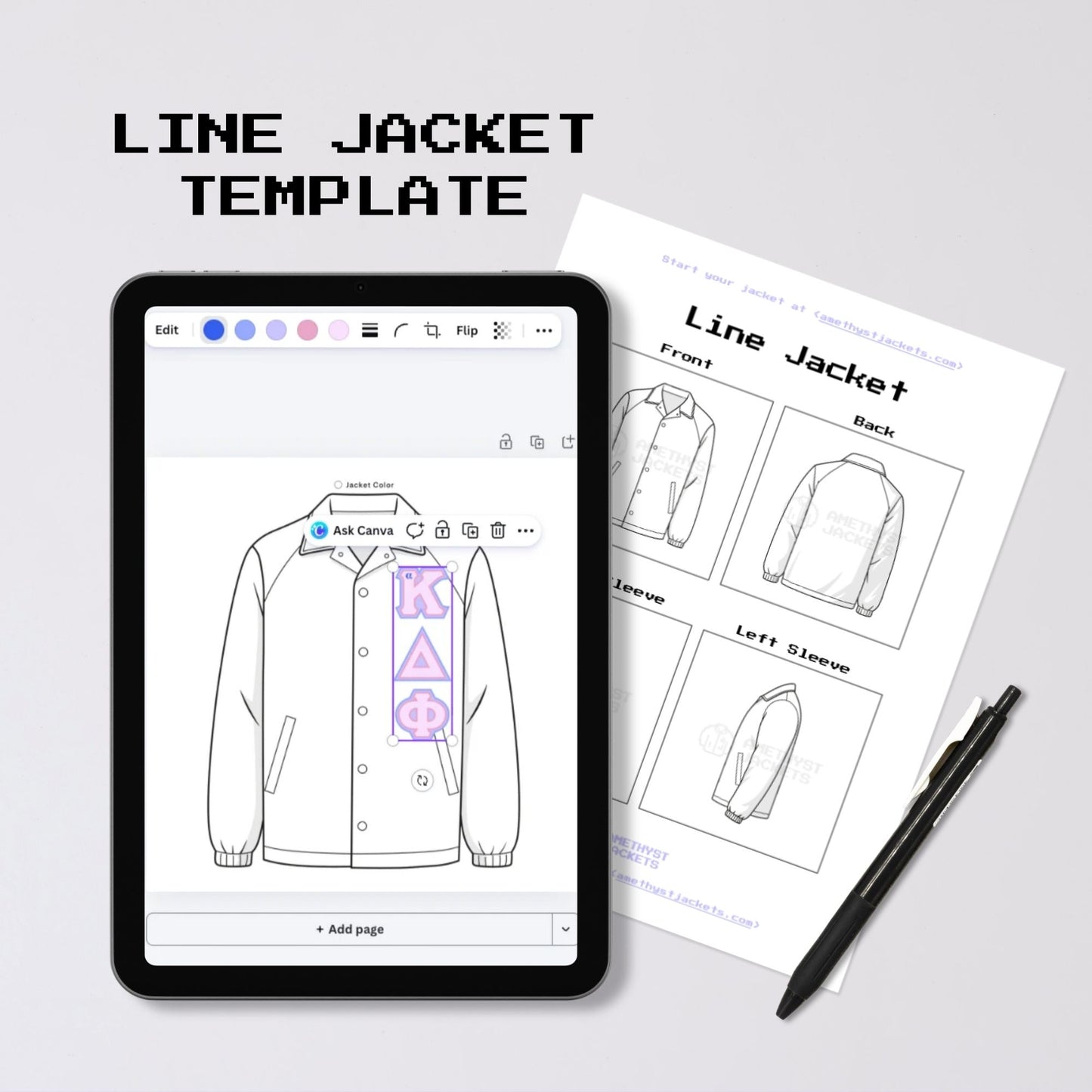 Tablet and printed paper with templates for a designing and planning a Greek line jacket.