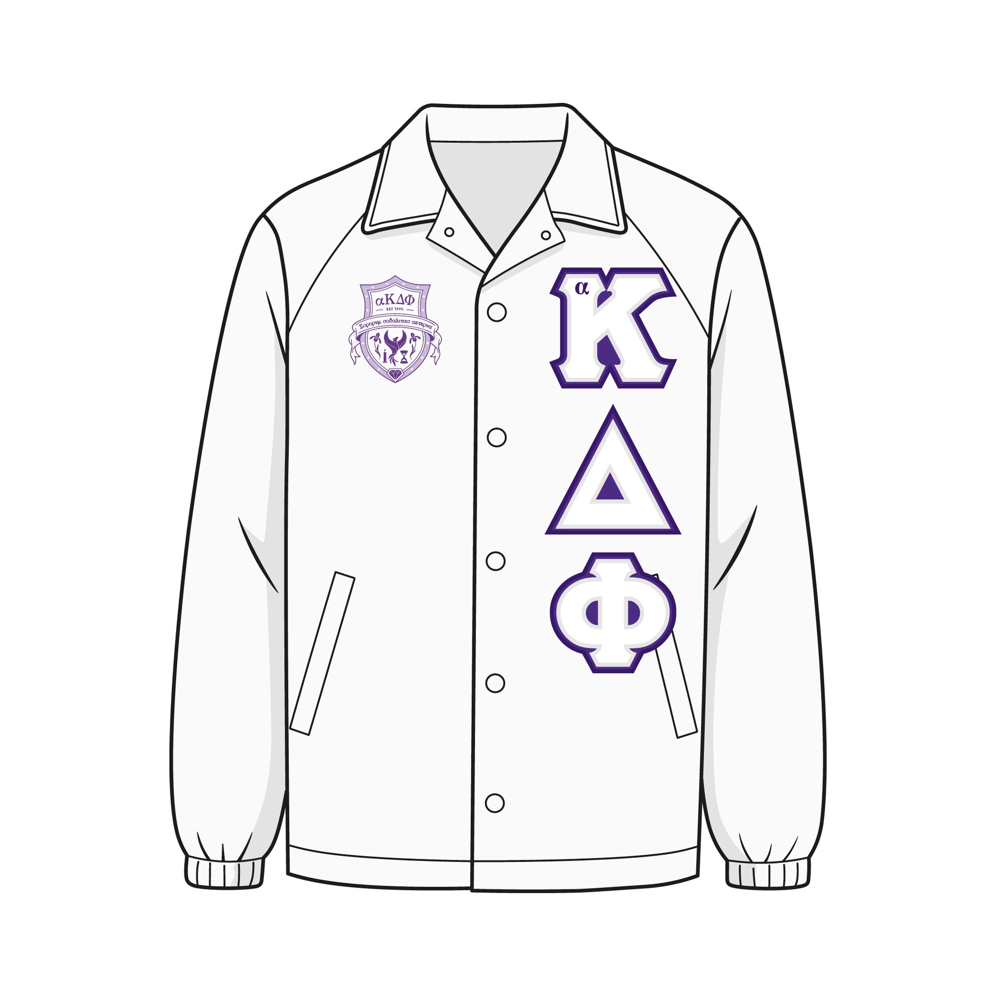 Custom alpha Kappa Delta Phi line jacket. Jacket is a white coach jacket. The aKDPhi crest is on the right chest. White and purple aKDPhi fabric applique letters are on the left chest. 