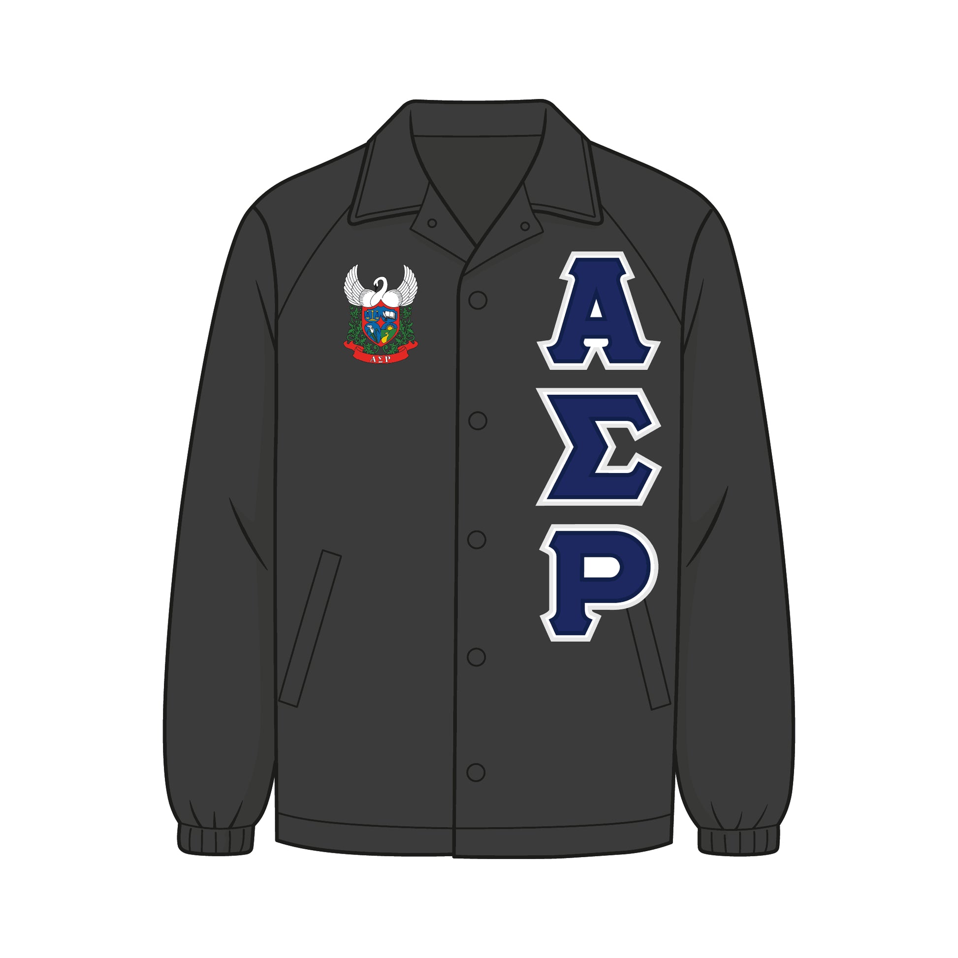 Custom Alpha Sigma Rho line jacket. Jacket is a black coach jacket. The ASR crest is on the right chest. White and royal blue ASR fabric applique letters are on the left chest