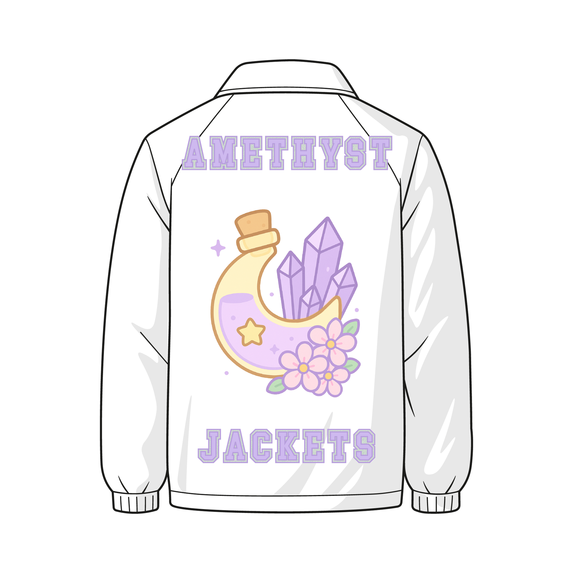 Back view of a custom Greek line jacket. The jacket has applique letters "Amethyst" on the upper back and "Jackets" on the lower back. There is a pastel moon, amethyst crystal, and cherry blossom design in the center.