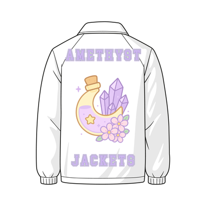 Back view of a custom Greek line jacket. The jacket has applique letters "Amethyst" on the upper back and "Jackets" on the lower back. There is a pastel moon, amethyst crystal, and cherry blossom design in the center.