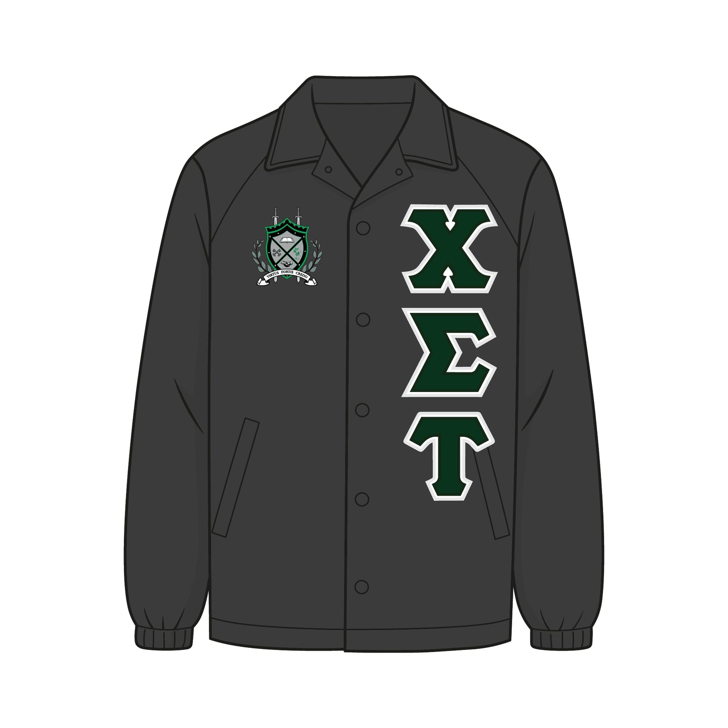 Custom Chi Sigma Tau line jacket. Jacket is a black coach jacket. The CST crest is on the right chest. White and green CST fabric applique letters are on the left chest.