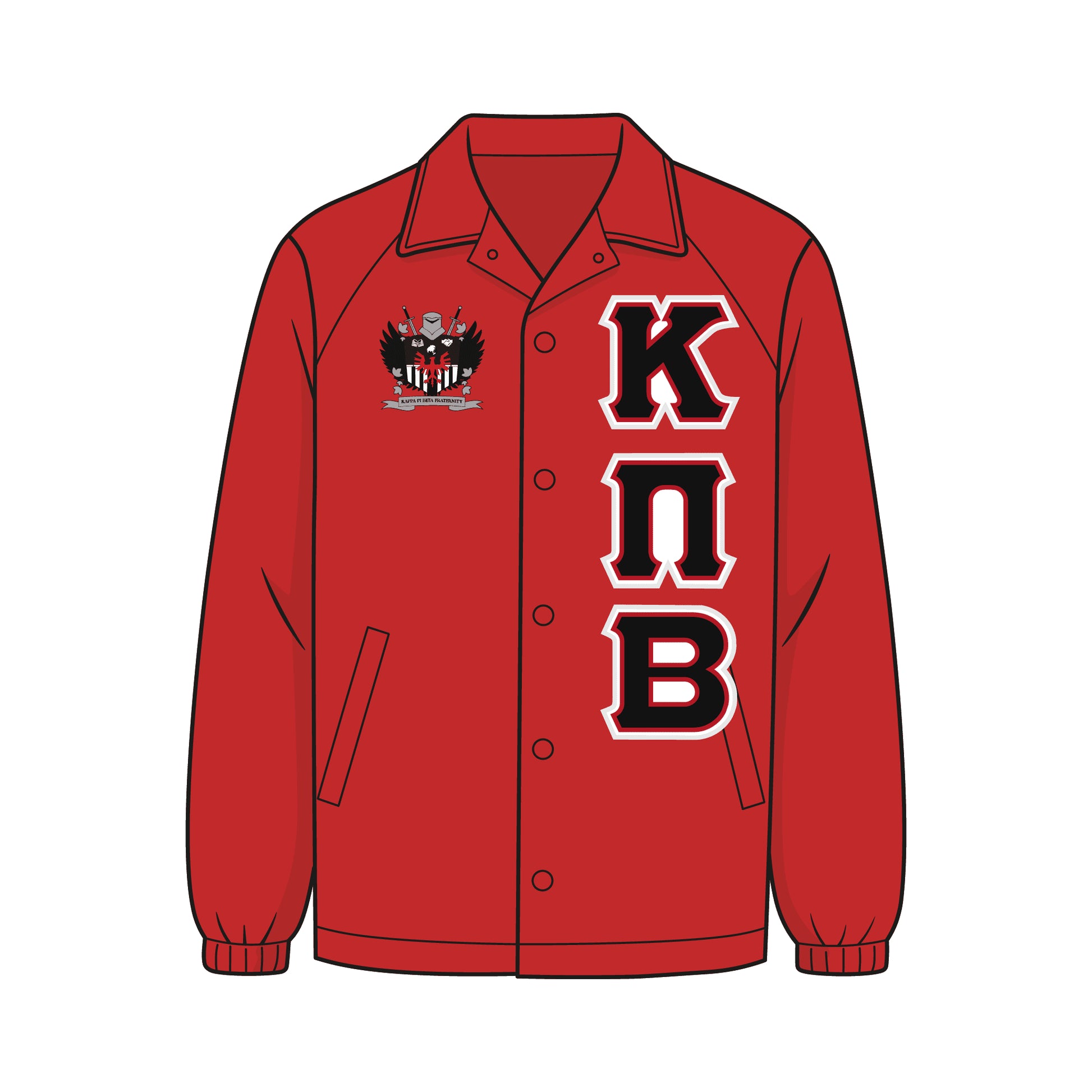 Custom Kappa Pi Beta line jacket. Jacket is a red coach jacket. The KPiB crest is on the right chest. White, black, and red KPiB fabric applique letters are on the left chest. 