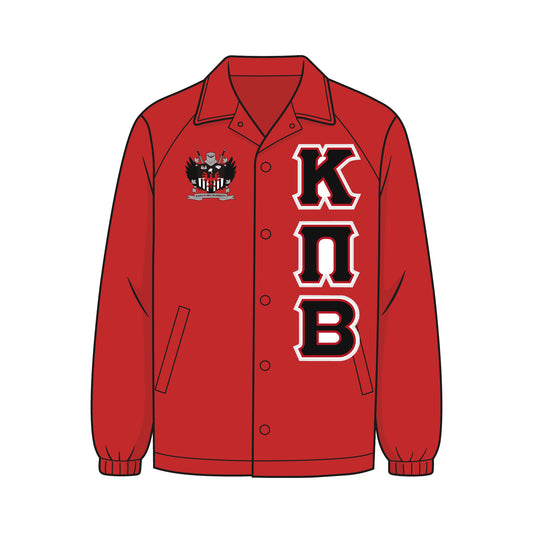Custom Kappa Pi Beta line jacket. Jacket is a red coach jacket. The KPiB crest is on the right chest. White, black, and red KPiB fabric applique letters are on the left chest. 