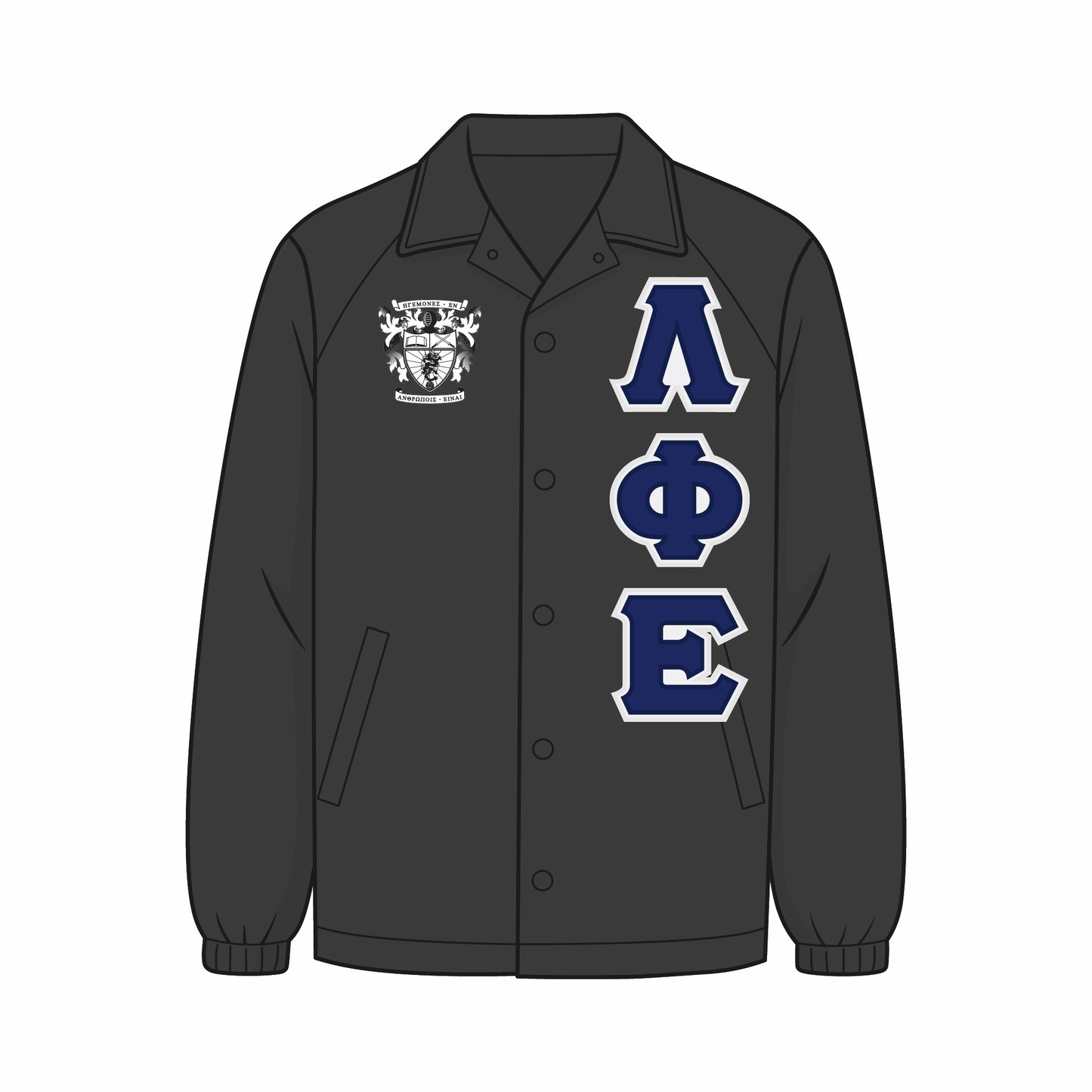 Custom Lambda Phi Epsilon line jacket. Jacket is a black coach jacket. The LPhiE crest is on the right chest. White and royal blue LPhiE fabric applique letters are on the left chest. Lambda Phi Epsilon International Fraternity, Inc. is an Asian‑interest fraternity founded at the University of California, Los Angeles on February 25, 1981.