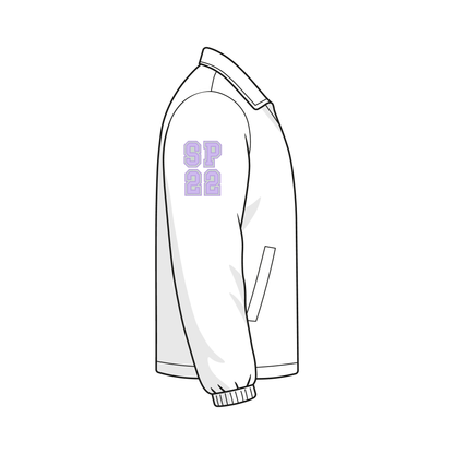 Right sleeve view of a white custom Greek line jacket. The jacket has "SP22" double applique letters the upper arm.