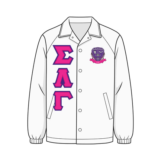 Custom Sigma Lambda Gamma line jacket. Jacket is a white coach jacket. The SLG crest is on the left chest. Majestic purple and shocking pink SLG fabric applique letters are on the right chest. 