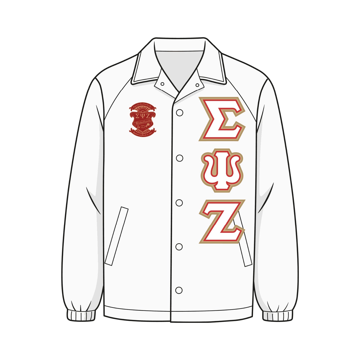Custom Sigma Psi Zeta line jacket. Jacket is a white coach jacket. The SYZ crest is on the right chest. Gold, white, and red SYZ fabric applique letters are on the left chest. 